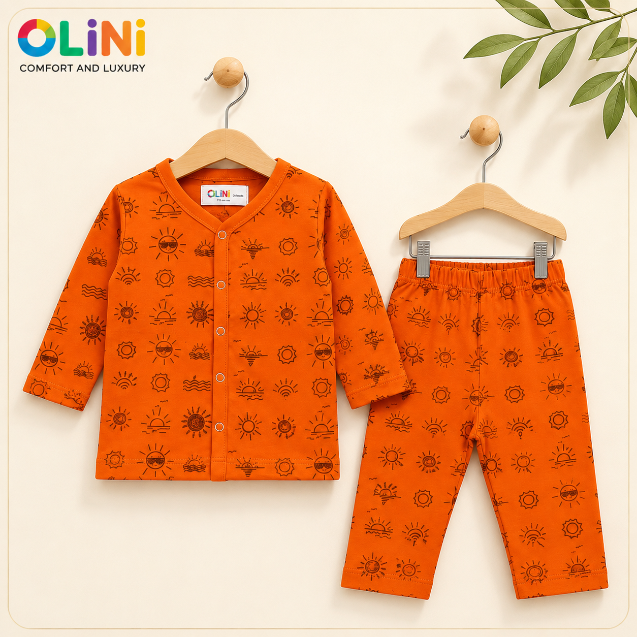 Baby night suit in orange sunshine print, additional view
