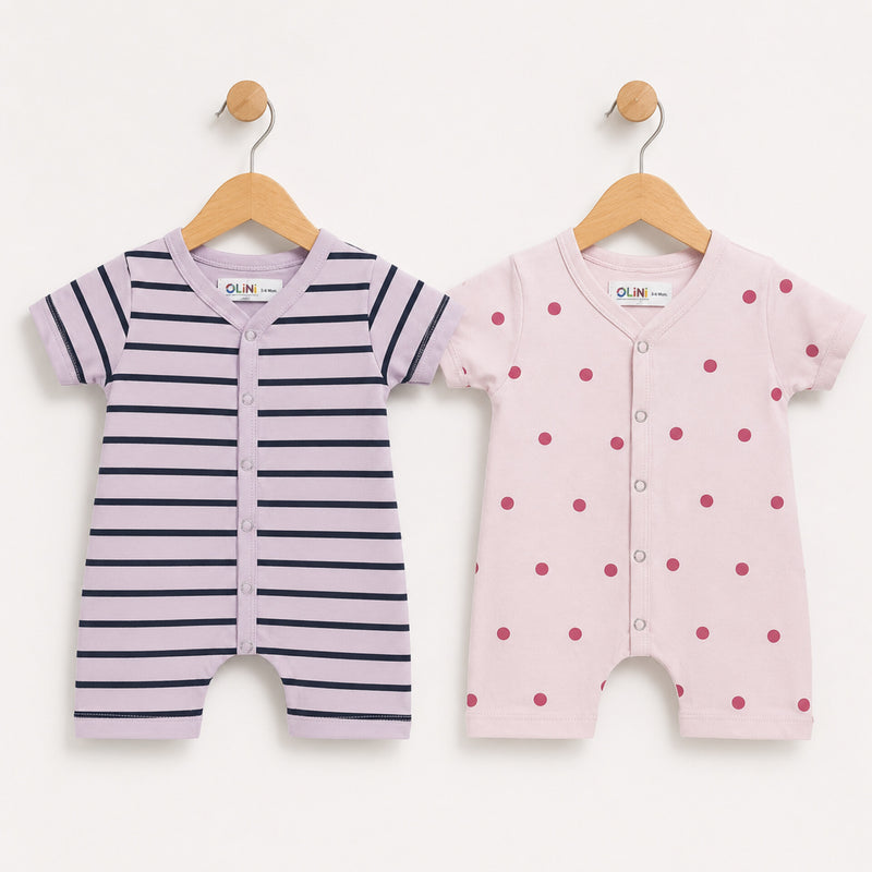 Baby rompers pack of 2 in purple stripes and pink polka dot print, soft cotton jersey