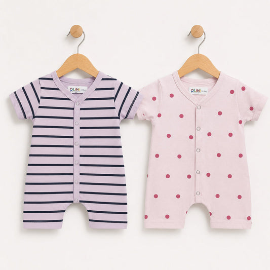 Baby rompers pack of 2 in purple stripes and pink polka dot print, soft cotton jersey