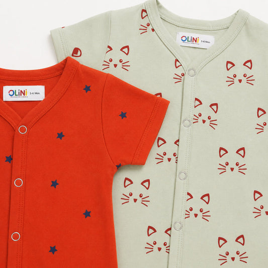Baby rompers pack of 2 in orange stars and murmur cat print, additional view