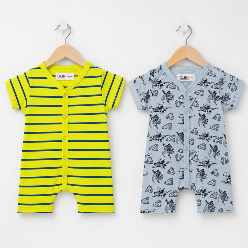Baby rompers pack of 2 in lemon stripes and sky hero print, soft cotton jersey