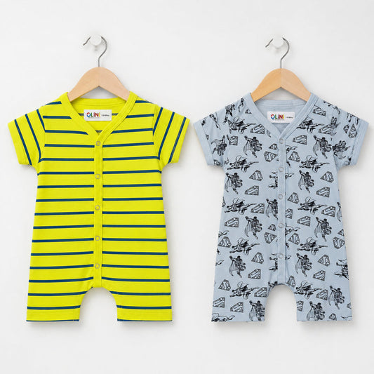 Baby rompers pack of 2 in lemon stripes and sky hero print, soft cotton jersey