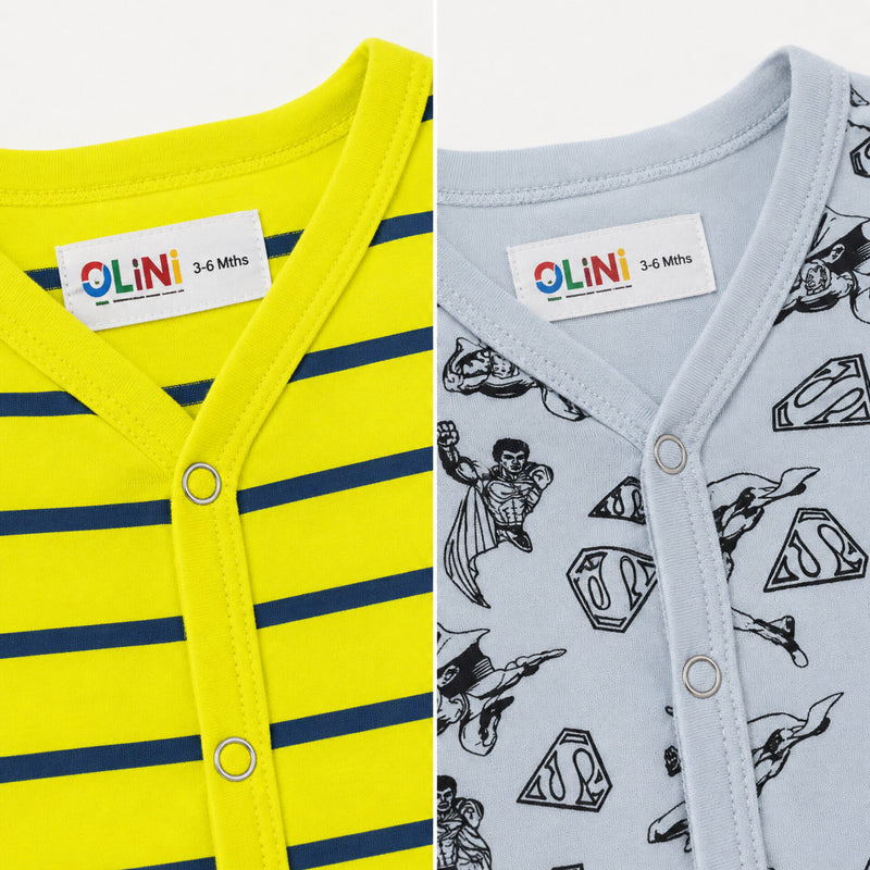 Baby rompers pack of 2 in lemon stripes and sky hero print, close-up view