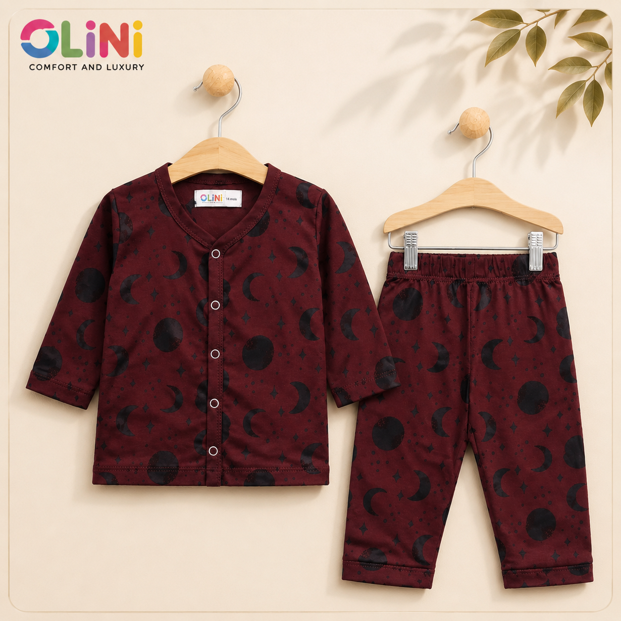 OLINI - Cotton Jersey - Night Suit - Maroon - Moon - NUJ