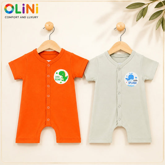 OLINI - Cotton Jersey - Pack of 2 - Short Leg Rompers - Orange & Murmur - NUJ