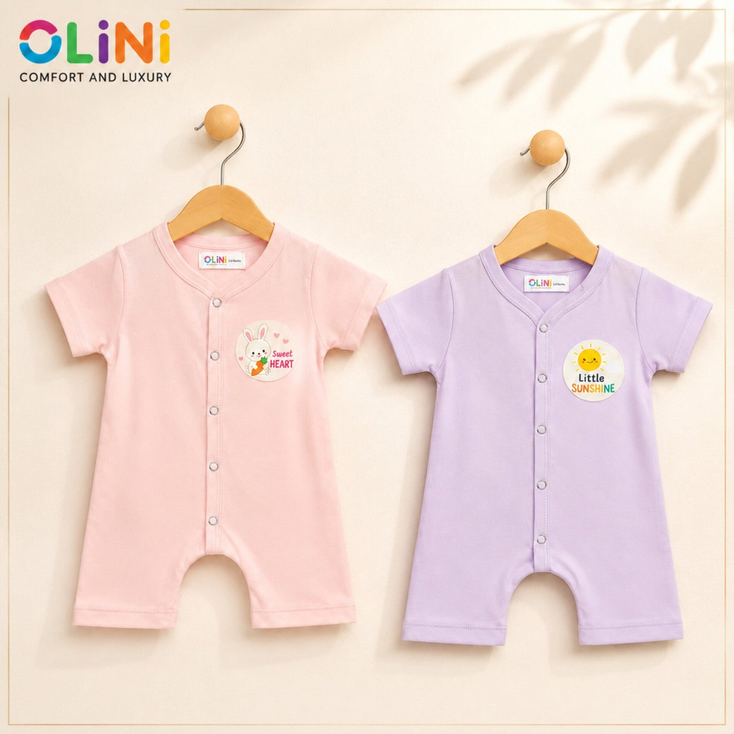 OLINI - Cotton Jersey - Pack of 2 - Short Leg Rompers - Pink & Purple - NUJ