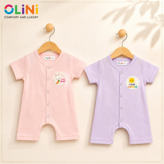OLINI - Cotton Jersey - Pack of 2 - Short Leg Rompers - Pink & Purple - NUJ