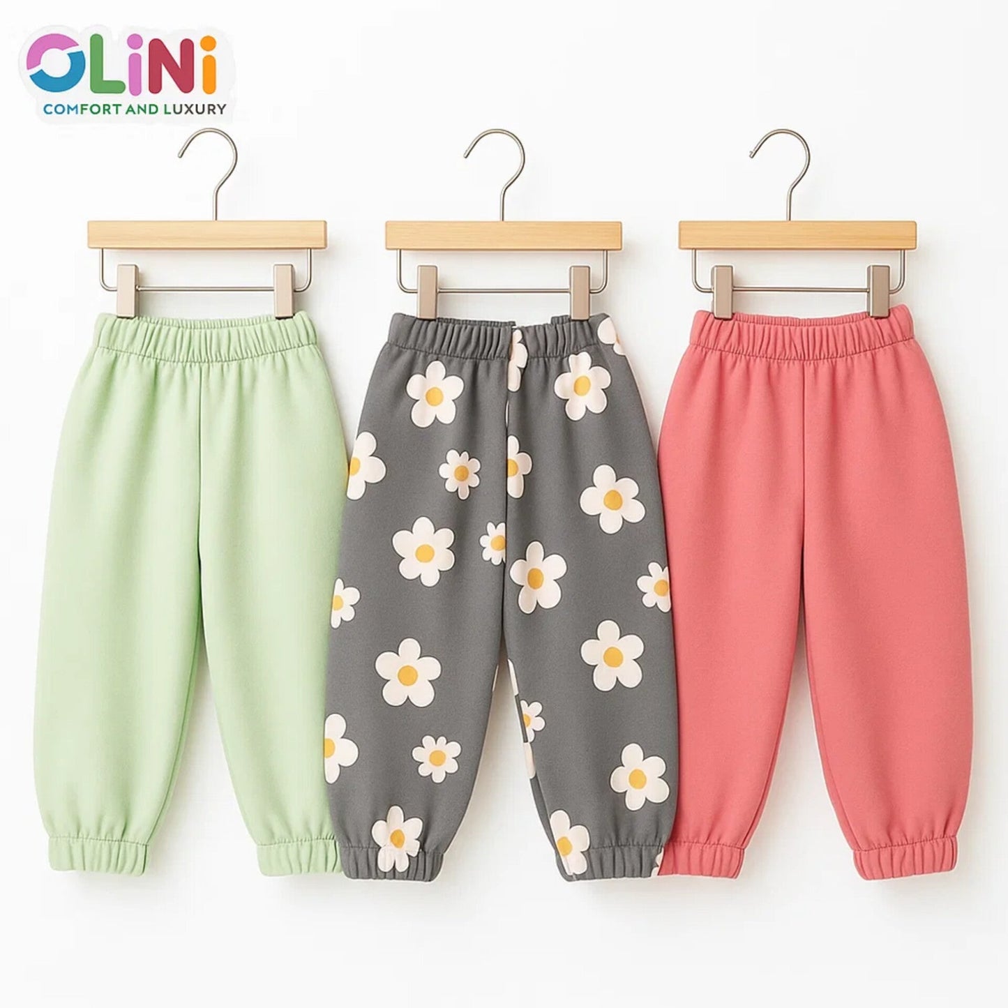OLINI - Pack of 3 - Fleece Trousers - Green Pink Grey - 25