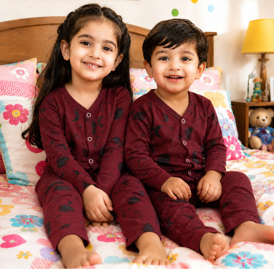 OLINI - Cotton Jersey - Night Suit - Maroon - Moon - NUJ