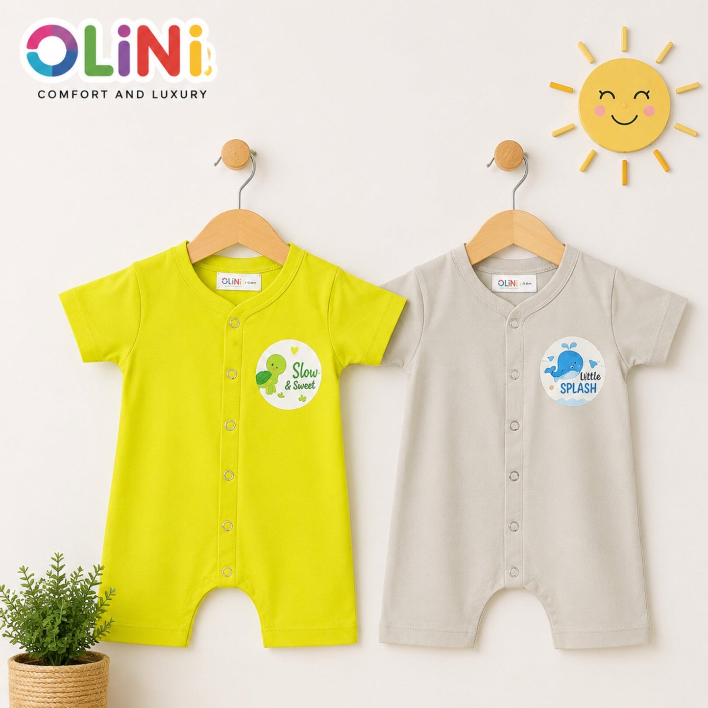 OLINI - Cotton Jersey - Pack of 2 - Short Leg Rompers - Murmur & Lemon - NUJ